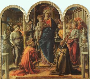 Fra Filippo Lippi : The Barbadori Altarpiece: Virgin and Child Surrounded by Angels with St Frediano and St Augustine